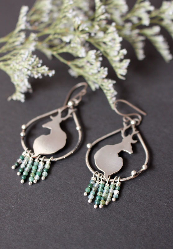 In the stillness of dawn, deer earrings in silver and moss agate
