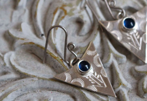 Indian blue, tribal triangle earrings in silver and blue sapphire