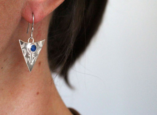 Indian blue, tribal triangle earrings in silver and blue sapphire