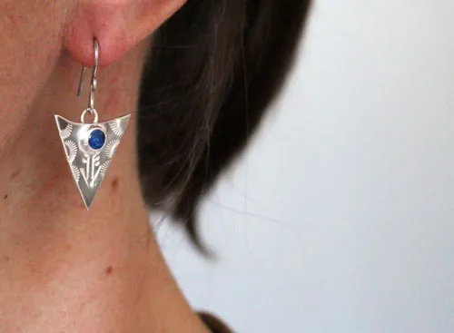 Indian blue, tribal triangle earrings in silver and blue sapphire