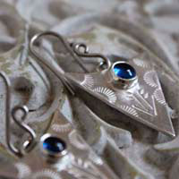 Indian blue, tribal triangle earrings in silver and blue sapphire
