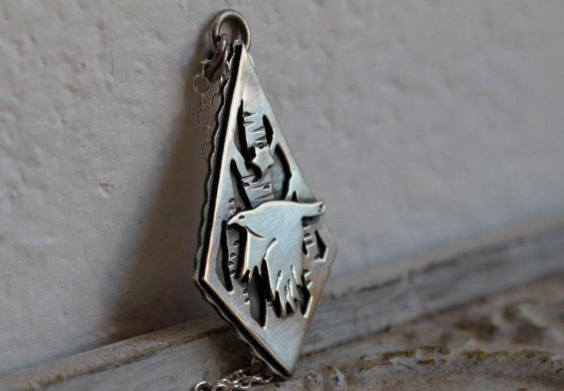 Instinct, crow necklace in sterling silver