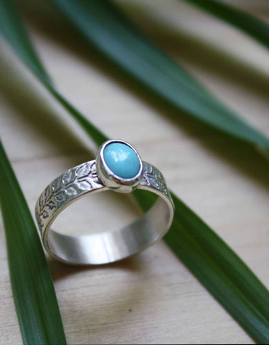 Ipomoea, climbing plant ring in silver and turquoise