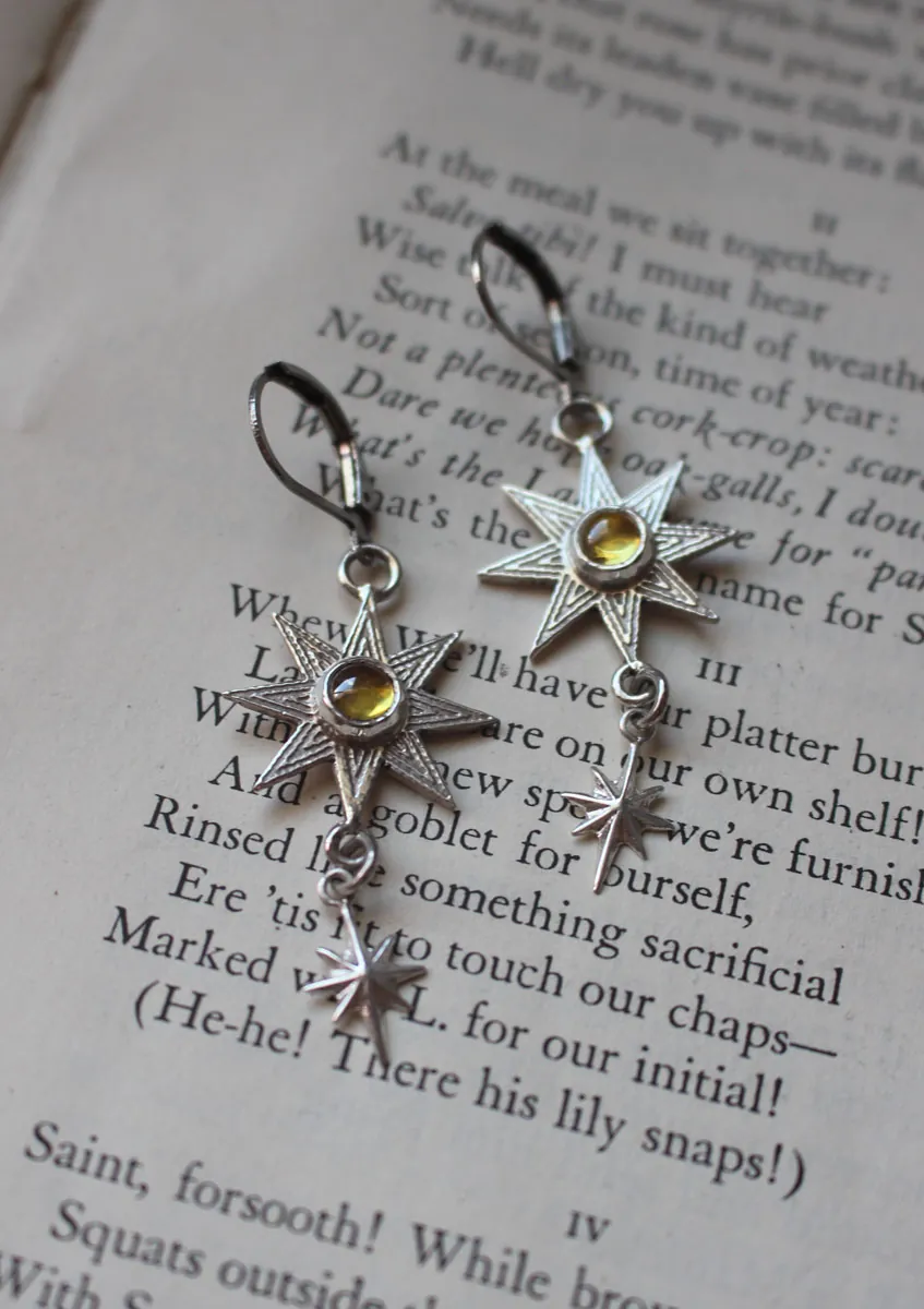 Ishtar, Mesopotamian star earrings in silver and yellow zircon