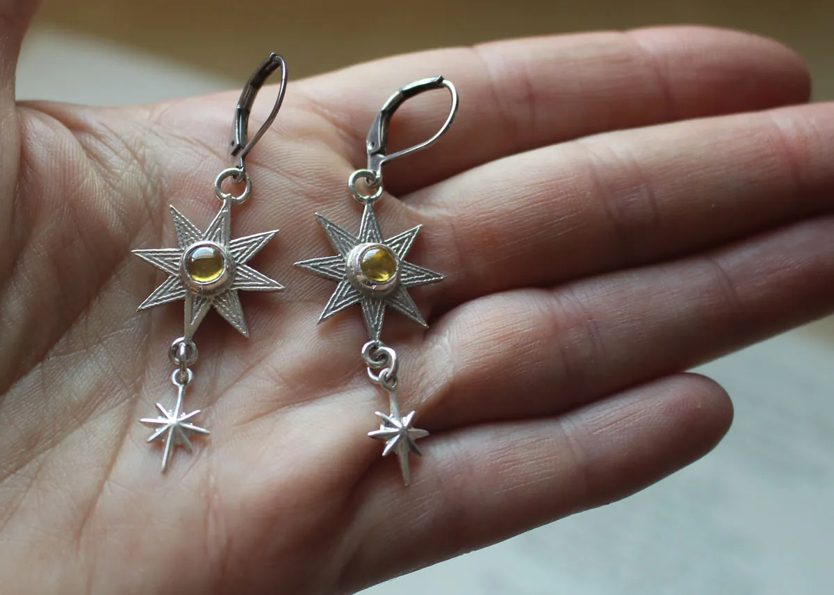 Ishtar, Mesopotamian star earrings in silver and yellow zircon
