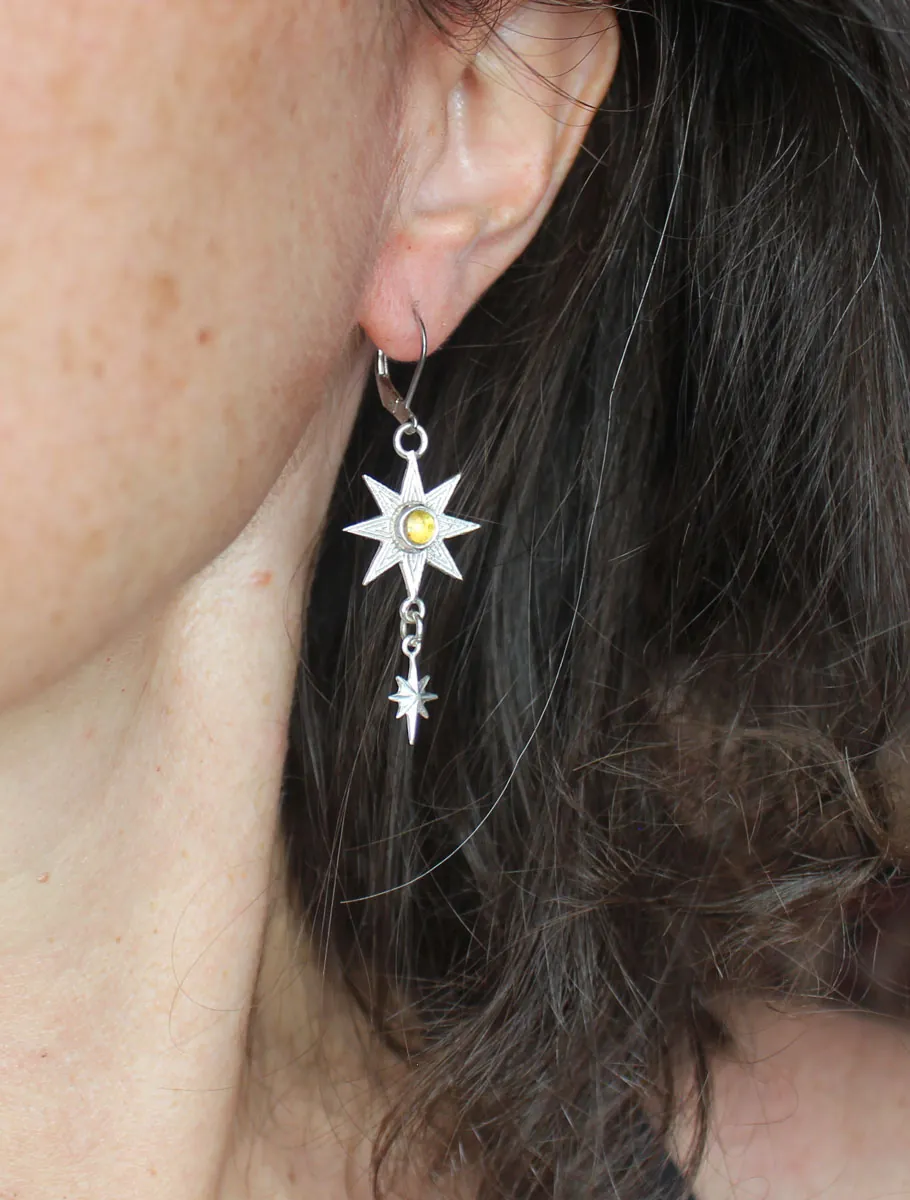 Ishtar, Mesopotamian star earrings in silver and yellow zircon