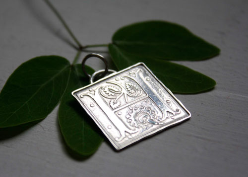 Illuminated initial, medieval manuscript letter pendant in silver