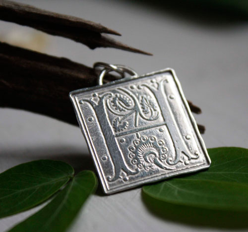Illuminated initial, medieval manuscript letter pendant in silver