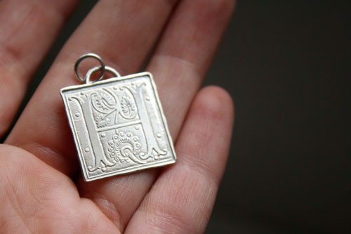 Illuminated initial, medieval manuscript letter pendant in silver