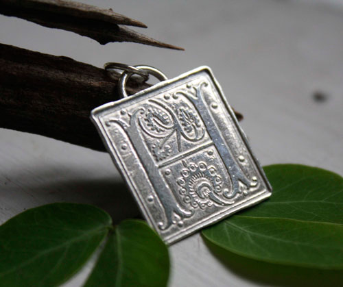 Illuminated initial, medieval manuscript letter pendant in silver