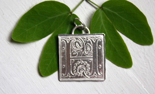 Illuminated initial, medieval manuscript letter pendant in silver