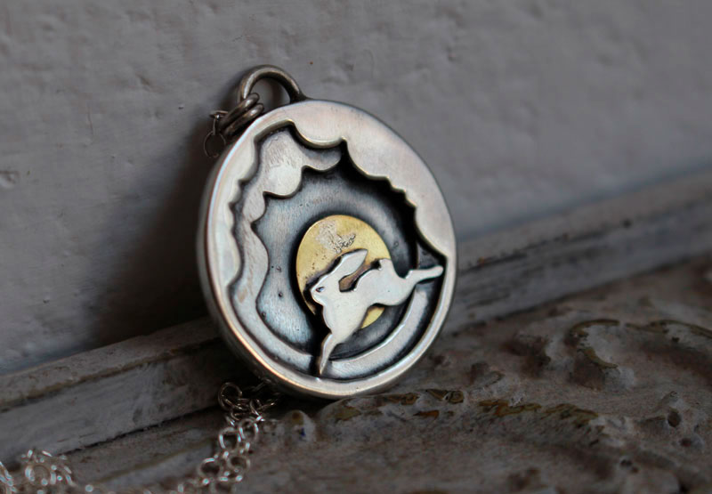 In my dreams, hare in the clouds necklace in sterling silver and brass