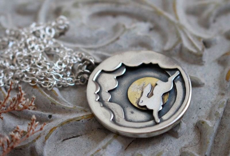 In my dreams, hare in the clouds necklace in sterling silver and brass