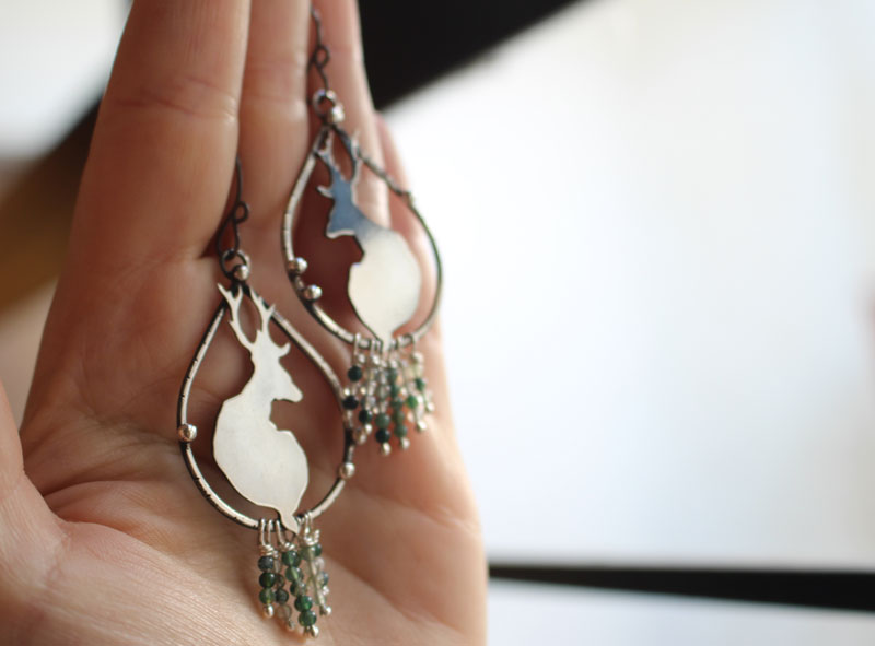In the quietness of dawn, deer earrings in silver and moss agate beads