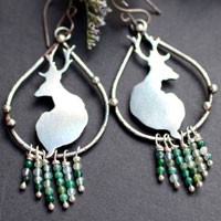 In the quietness of dawn, deer earrings in sterling silver and moss agate beads