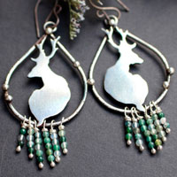 In the quietness of dawn, deer earrings in silver and moss agate beads