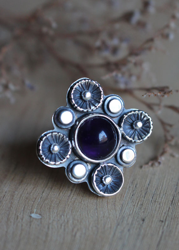 In the shade of the blossoming plum tree, nature ring in silver and amethyst