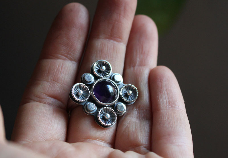 In the shade of the blossoming plum tree, nature ring in silver and amethyst