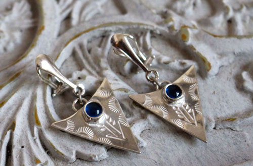 Indian blue, tribal triangle earrings in sterling silver and sapphire for non pierced ears
