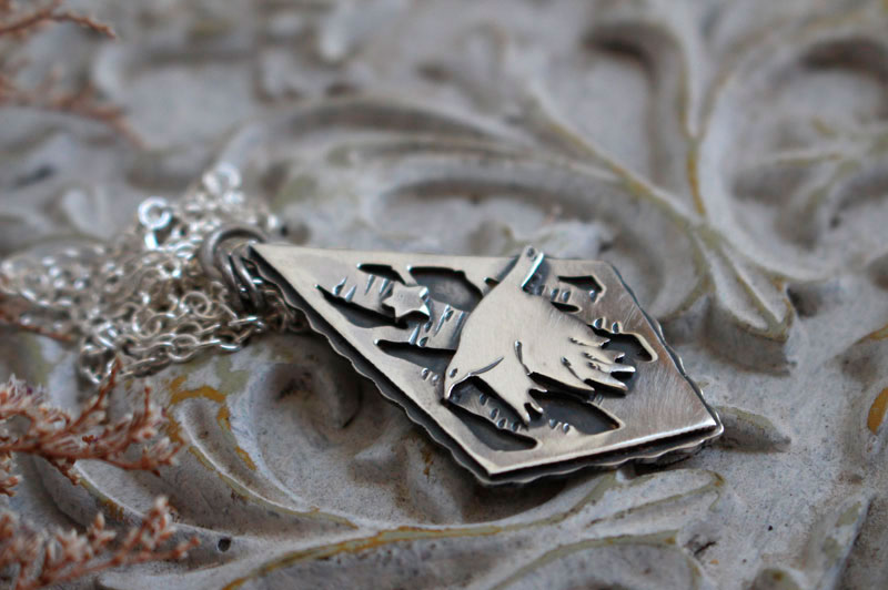 Instinct, crow necklace in sterling silver