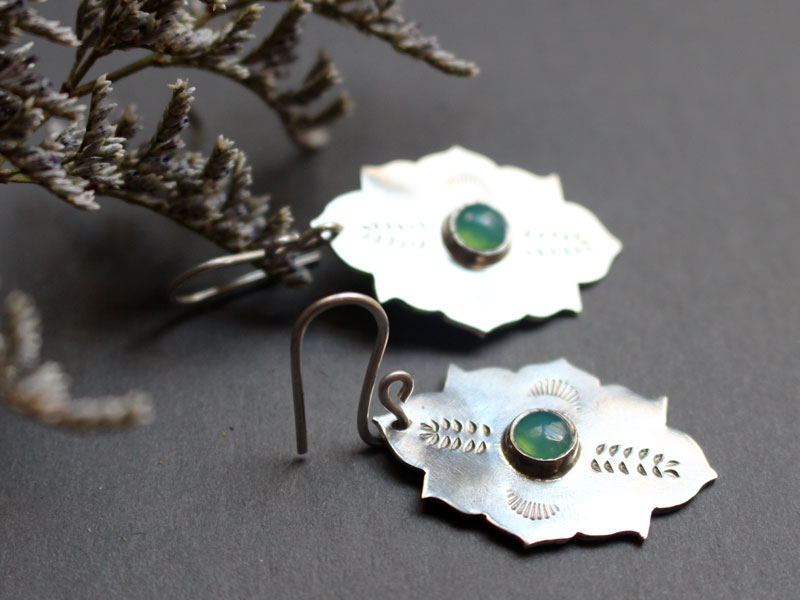 Kirakee, Moorish oriental architecture earrings in silver and chrysoprase