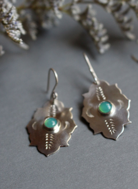 Kirakee, Moorish oriental architecture earrings in silver and chrysoprase