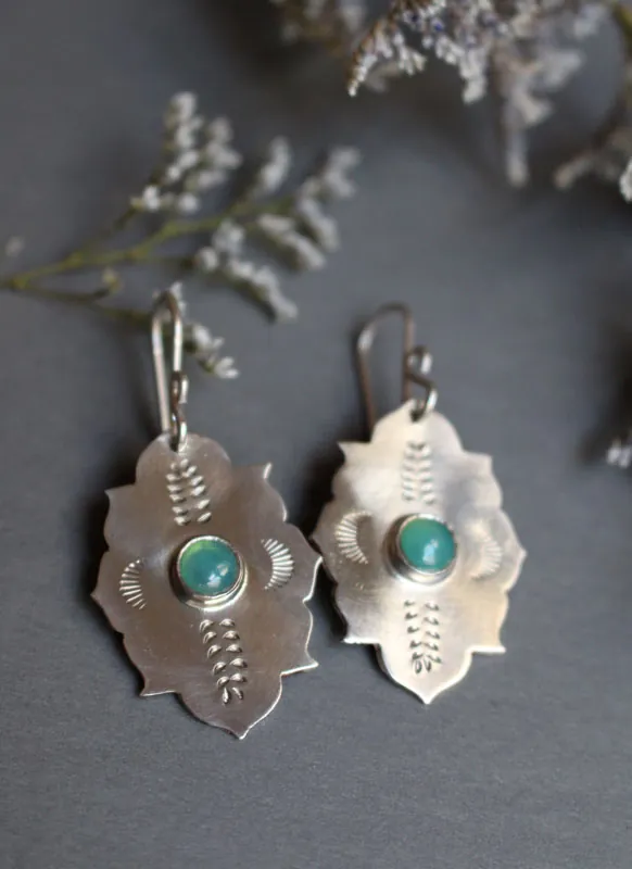 Kirakee, Moorish oriental architecture earrings in silver and chrysoprase