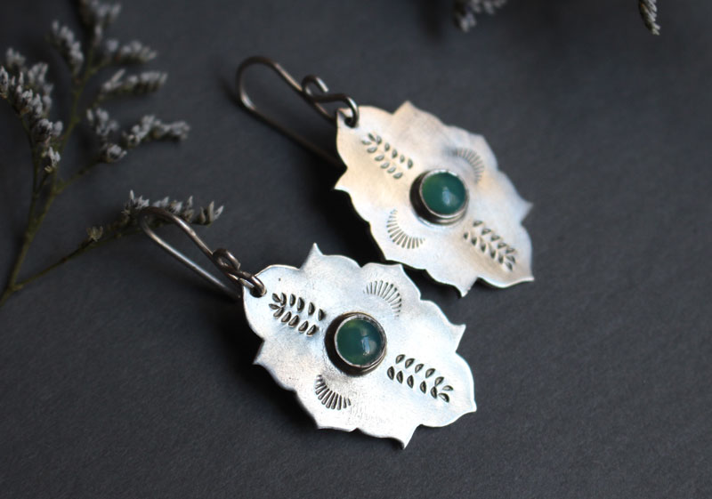 Kirakee, Moorish oriental architecture earrings in silver and chrysoprase