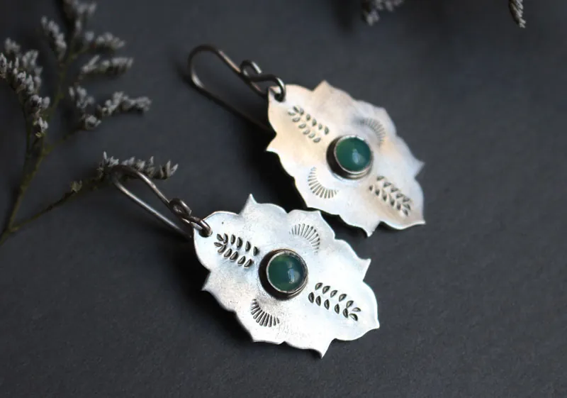 Kirakee, Moorish oriental architecture earrings in silver and chrysoprase