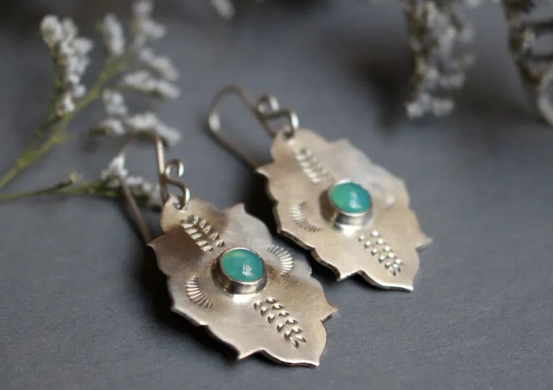 Kirakee, Moorish oriental architecture earrings in silver and chrysoprase
