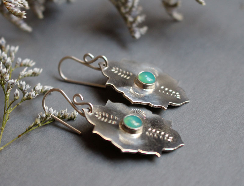 Kirakee, Moorish oriental architecture earrings in silver and chrysoprase