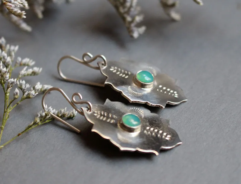 Kirakee, Moorish oriental architecture earrings in silver and chrysoprase