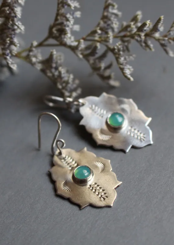 Kirakee, Moorish oriental architecture earrings in silver and chrysoprase