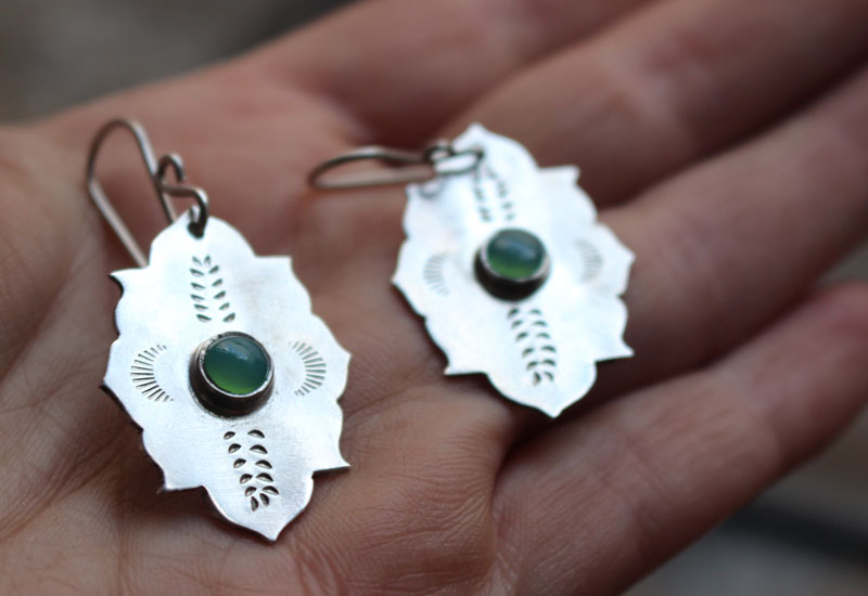 Kirakee, Moorish oriental architecture earrings in silver and chrysoprase