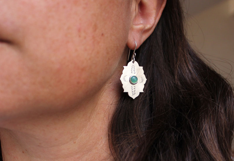 Kirakee, Moorish oriental architecture earrings in silver and chrysoprase