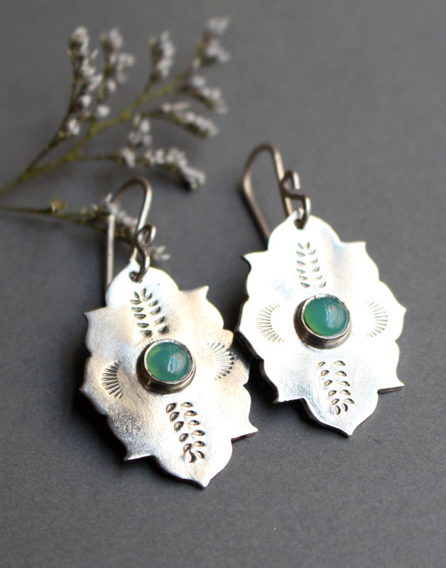 Kirakee, Moorish oriental architecture earrings in silver and chrysoprase