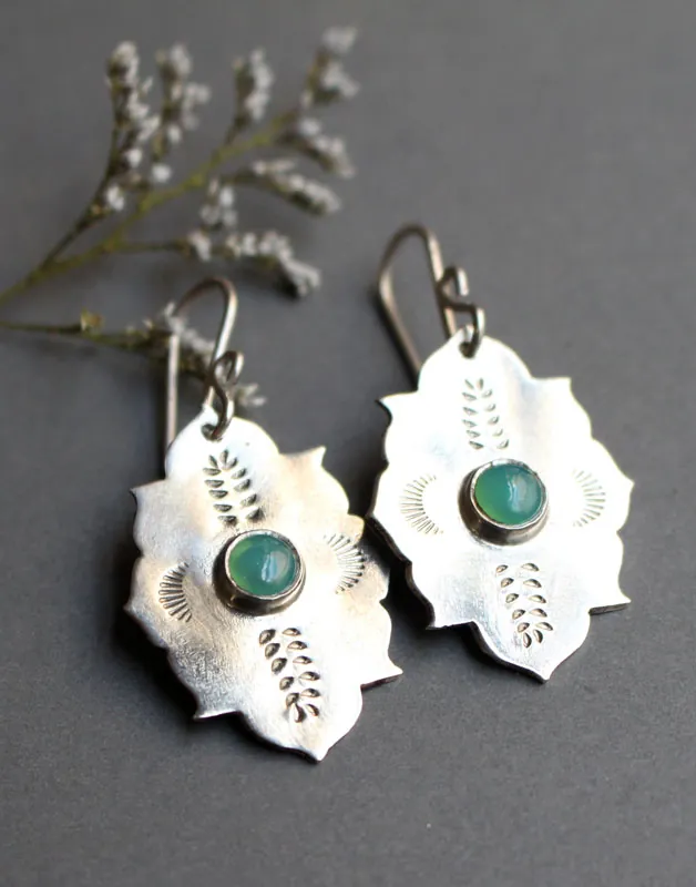 Kirakee, Moorish oriental architecture earrings in silver and chrysoprase