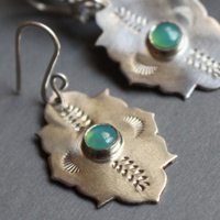 Kirakee, Moorish oriental architecture earrings in silver and chrysoprase