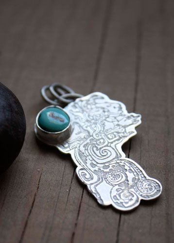 Kukulkan, feathered serpent inspired by the Maya civilization pendant in silver and turquoise