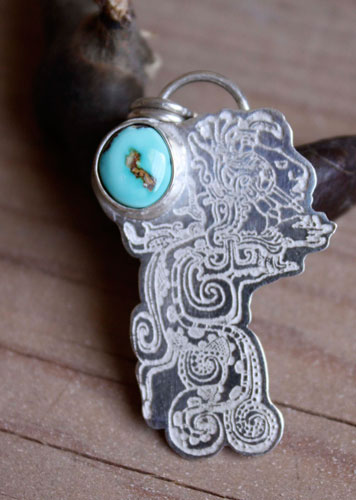 Kukulkan, feathered serpent inspired by the Maya civilization pendant in silver and turquoise