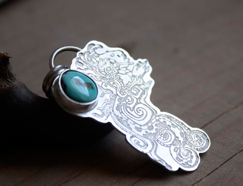 Kukulkan, feathered serpent inspired by the Maya civilization pendant in silver and turquoise