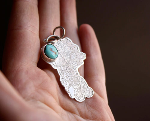 Kukulkan, feathered serpent inspired by the Maya civilization pendant in silver and turquoise