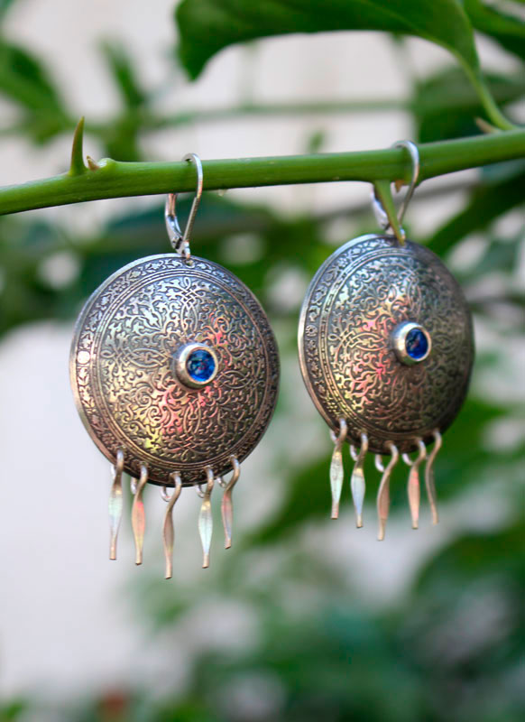 Lady of the lake, medieval scroll earrings in silver and blue zircon