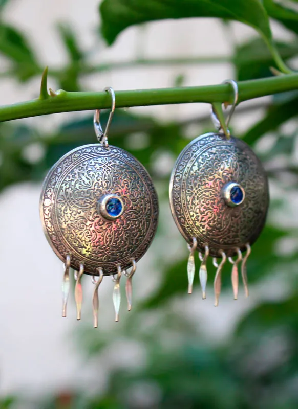 Lady of the lake, medieval scroll earrings in silver and blue zircon