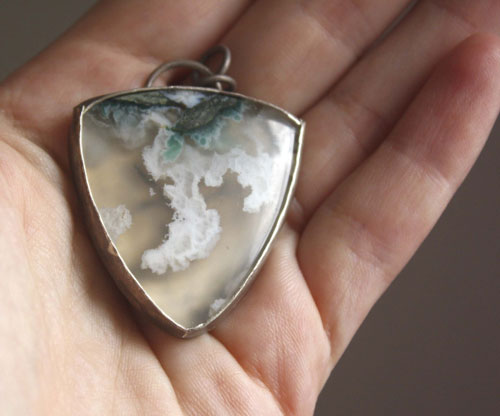 Land of ice, ice floe landscape pendant in silver and moss agate