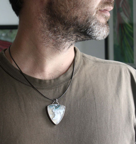 Land of ice, ice floe landscape pendant in silver and moss agate