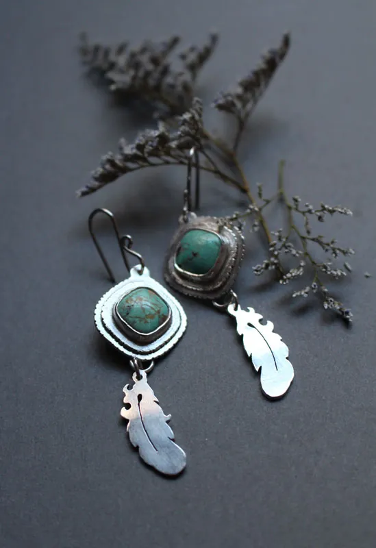 Learning to fly, dreamy feather earrings in silver and turquoise