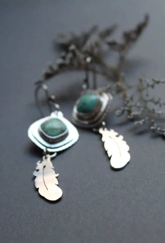Learning to fly, dreamy feather earrings in silver and turquoise