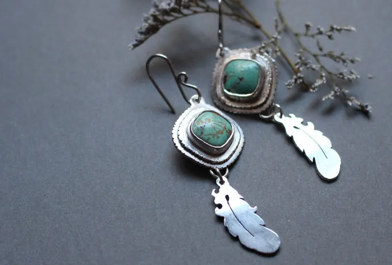 Learning to fly, dreamy feather earrings in silver and turquoise