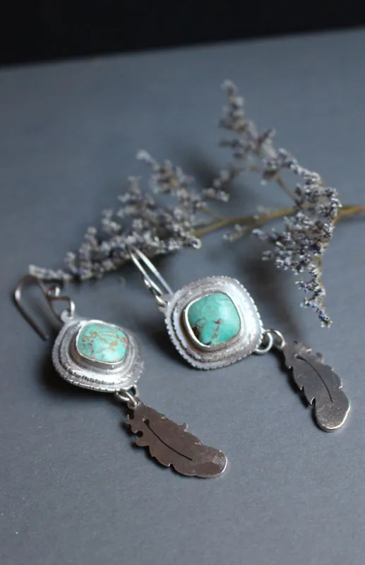 Learning to fly, dreamy feather earrings in silver and turquoise